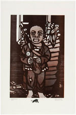 STRIKING BLACK PANTHER PARTY POSTER FEATURING CRYING BOY WEARING A "FREE HUEY" BUTTON.