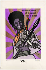 GORGEOUS BLACK PANTHER EMORY DOUGLAS POSTER FEATURING FEMALE REVOLUTIONARY WITH RIFLE AND SPEAR.