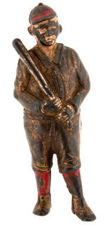 BASEBALL PLAYER PAINTED CAST IRON BANK.