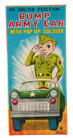 "BUMP ARMY CAR WITH POP UP SOLDIER" BOXED FRICTION TOY BY WAKASCO.