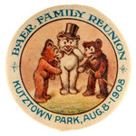 TWO EARLY CARTOON TEDDY BEAR BUTTONS FOR THE BAER FAMILY REUNION.