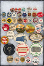 RAILROAD GROUP OF 39 BUTTONS INCLUDING THREE RELATED TO TOYS.