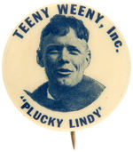 FIRST SEEN “’PLUCKY LINDY’” ADVERTISING BUTTON.