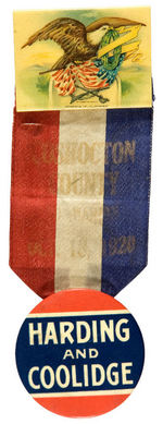 RARE AND EXCEPTIONALLY LARGE "HARDING AND COOLIDGE" NAME BUTTON ON RIBBON BADGE.