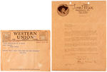 “TOM MIX PRODUCTS” REQUEST LETTER TO CAP GUN MAKER & TOM MIX TELEGRAM TO RUDY VALLEE.