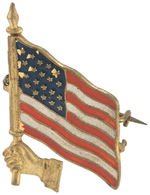 McKINLEY AND HOBART JUGATE PHOTOS WITHIN MECHANICAL FLAG BRASS PIN.