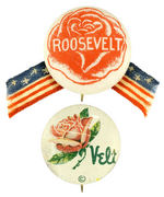 ROOSEVELT PAIR OF BUTTONS WITH SYMBOLIC ROSE DESIGNS.