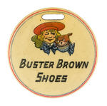 "BUSTER BROWN SHOES" DOUBLE SIDED CELLULOID WATCH FOB WITH CARTOON.