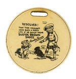 "BUSTER BROWN SHOES" DOUBLE SIDED CELLULOID WATCH FOB WITH CARTOON.