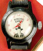 "HOPALONG CASSIDY WRIST WATCH" WITH BLACK PLASTIC CASE VARIETY BOXED.