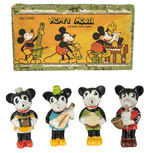 MICKEY & MINNIE MOUSE BOXED FOUR-PIECE BISQUE SET.