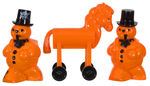 SNOWMAN PAIR/HORSE ON WHEELS HARD PLASTIC HALLOWEEN CANDY CONTAINER TRIO.