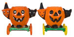 PUMPKINS WITH WITCH AND CAT ON SIDES COLOR VARIETY PAIR OF CANDY CONTAINERS.