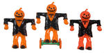 THREE PUMPKIN SCARECROW CANDY CONTAINER VARIETY FIGURES.