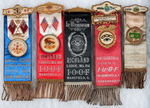 INDEPENDENT ORDER OF ODD FELLOWS FIVE ELABORATE RIBBON BADGES.