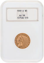 HALF EAGLE INDIAN HEAD 1909-D $5 GOLD COIN NGC AU58.