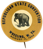 WONDERFUL 1932 REPUBLICAN CONVENTION BUTTON SHOWING MARCHING ELEPHANT WITH CANE IN TRUNK.