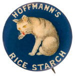 CAT LICKING PAW HOFFMAN'S RICE STARCH C. 1898 AD BUTTON