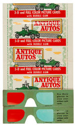 "ANTIQUE AUTOS 3-D PICTURE CARDS" BOWMAN SET WITH WRAPPER & GLASSES.