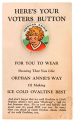 "LITTLE ORPHAN ANNIE/JOE CORNTASSEL VOTERS BUTTON" RARE SHEET PLUS BOTH BUTTONS ON RARE CARDS.