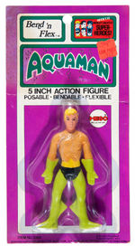 "AQUAMAN BEND 'N FLEX" MEGO FIGURE ON CARD.