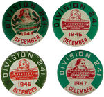 SANTA ON MONTHLY STREETCAR UNION DUES BUTTONS FOR FOUR CONSECUTIVE YEARS.