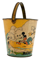 "MICKEY MOUSE" RARE OHIO ART SAND PAIL FEATURING BEACH SCENE & DISNEY CHARACTERS.