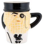 MR. PEANUT 1950s GLAZED CERAMIC FIGURAL MUG W/RHINESTONE EYE.