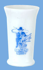 "HOPALONG CASSIDY/DINNER MILK" GLASS BLUE VARIETY.