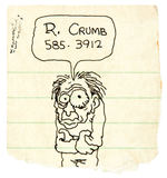 R. CRUMB SIGNED SELF CARICATURE ORIGINAL ART WITH PERSONAL PHONE NUMBER.