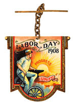SPECTACULAR COLOR "LABOR DAY 1908" CELLULOID WATCH FOB.