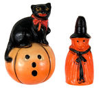 HALLOWEEN WITCH/CAT ON PUMPKIN CELLULOID FIGURES.