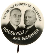 ROOSEVELT/GARNER "RETURN OUR COUNTRY TO THE PEOPLE" JUGATE BUTTON.