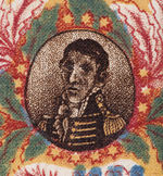 HARRISON 1840 COLORFUL FABRIC PICTURING 21 IMAGES OF THE HERO OF TIPPECANOE IN MILITARY UNIFORM.