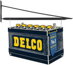 "DELCO" AUTOMOBILE BATTERIES ADVERTISING SIGN WITH BRACKET.