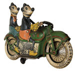 MICKEY AND MINNIE MOUSE ON MOTORCYCLE TIN WIND-UP TOY.