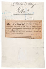“MR. ERIC ROBOT” 1929 NEWS SERVICE PHOTO.