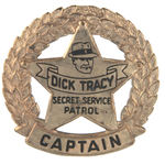 “DICK TRACY SECRET SERVICE PATROL” THREE LARGE METAL BADGES DESIGNATING RANK.