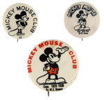 MICKEY MOUSE THREE MOVIE CLUB BUTTONS SHOWING THE PROGRESSION OF HIS 1930 IMAGE.