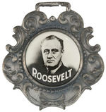 "ROOSEVELT" GORGEOUS REAL PHOTO CELLO BUTTON ON ORNATE METAL WATCH FOB.