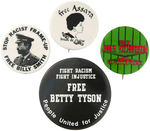GROUP OF FOUR BUTTONS RELATING TO AFRICAN AMERICANS AND THE JUSTICE SYSTEM.