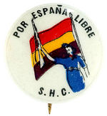 SPANISH CIVIL WAR WITH FLAG AND FEMALE SOLDIER BUTTON.