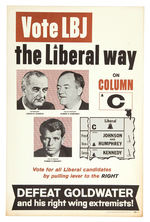 LBJ/HHH/RFK "VOTE LBJ THE LIBERAL WAY" CARDBOARD TRIGATE POSTER.