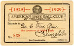 ATHLETICS CELLULOID PASS TO SHIBE PARK PLUS 1929 TEAM SCHEDULE.