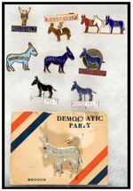 "ROOSEVELT" EIGHT ENAMEL DONKEYS, ONE "DEM" ENAMEL DONKEY AND RHINESTONE DONKEY ON CARD.