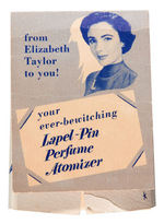 "ELIZABETH TAYLOR LAPEL-PIN PERFUME ATOMIZER" BOXED PREMIUM W/EARLY "QUICK" MAGAZINE.