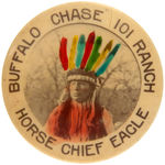 “BUFFALO CHASE 101 RANCH/HORSE CHIEF EAGLE” COLOR-TINTED REAL PHOTO BUTTON OF NATIVE AMERICAN.