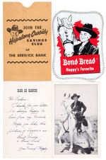 HOPALONG CASSIDY VINYL STORE SIGN/FAN CARD/BANK ENVELOPE TRIO.