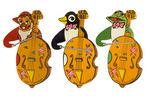 LARGE FIGURAL BASS FIDDLE PLAYING MAN AND ANIMALS LITHO TIN CLICKERS.
