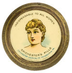 BEAUTIFUL PILL BOX WITH CELLO TOP & MIRROR FOR "CHICHESTER'S PILLS/INDISPENSABLE TO ALL WOMEN."